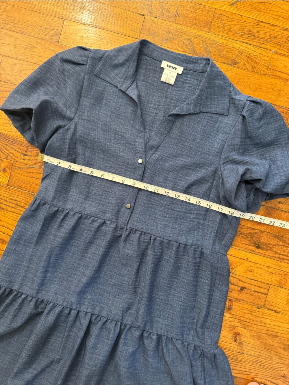 DKNY Indigo Blue Tiered Mini Shirt Dress Puff Sleeve Collared A-Line Size 8 - Picture 8 of 12